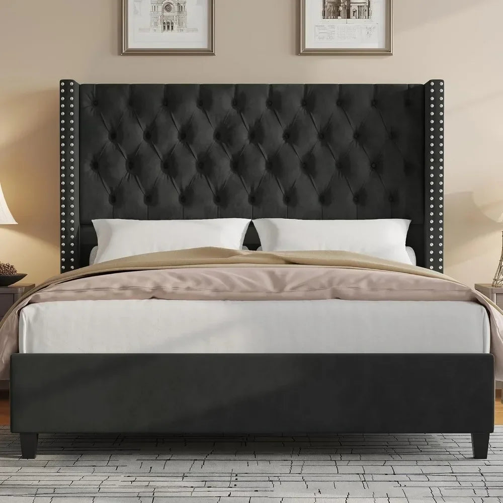 Upholstered Bed Frame with Tall Headboard Wingback Platform Bed Tufted Deep Button Velvet/No Box Spring Needed/Easy Assembly