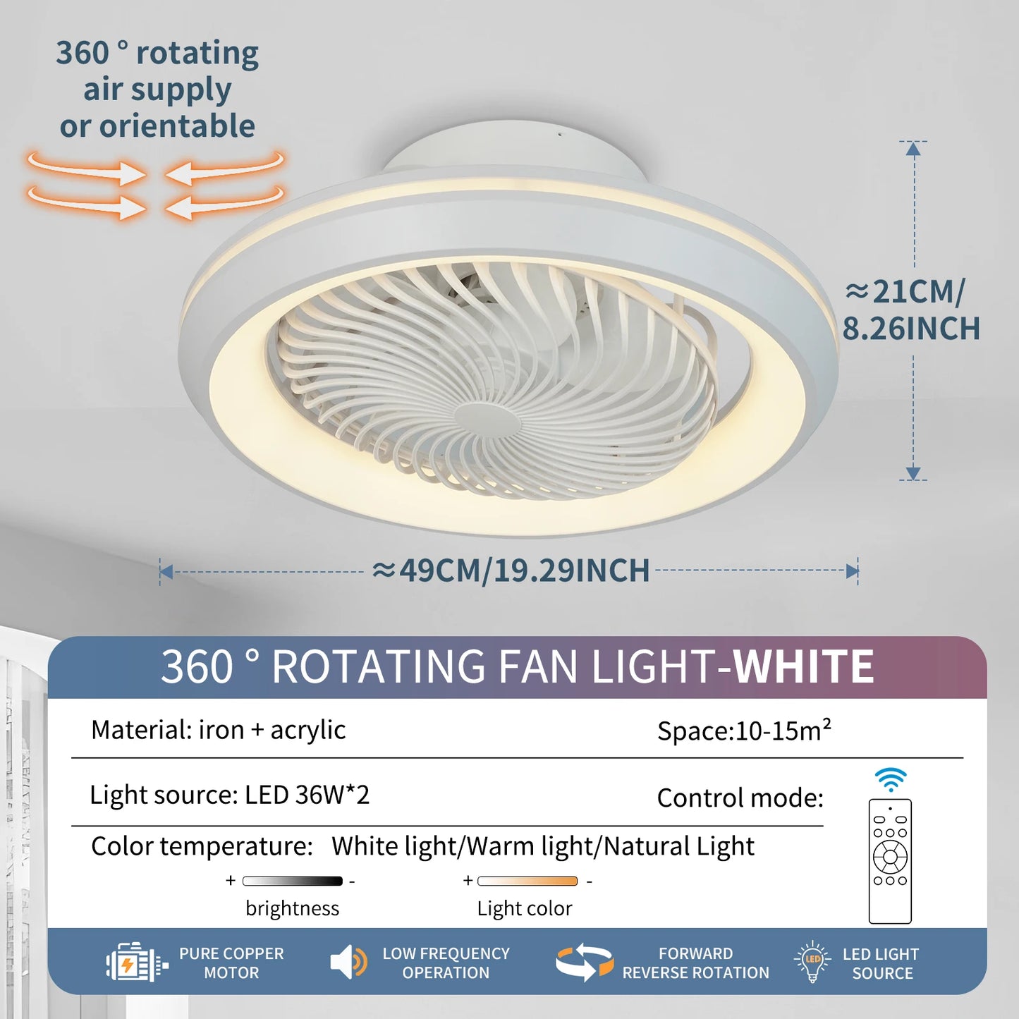 20"49cm Ceiling Fan Led Light 360° Degree Rotating Electric Circulite Sealing Fan 3CCT RC Lighing Modern Flush Mount For Bedroom