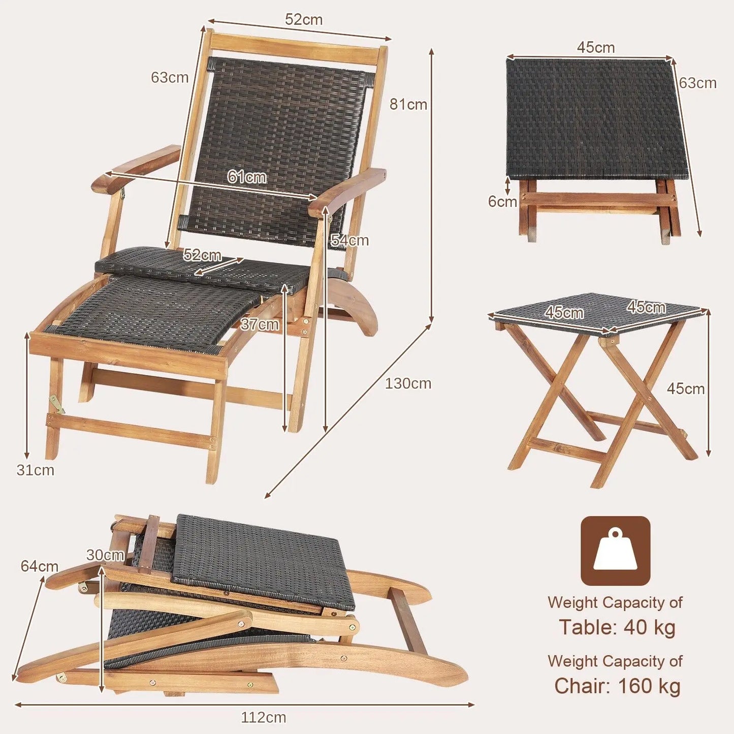 GOFLAME Folding Patio Rattan Sun Lounge Chair Table Set Wicker Table Acacia Wood Chair