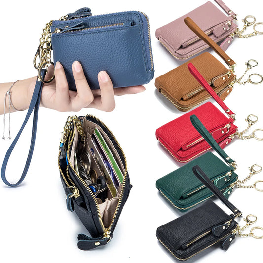 Mini Genuine Leather Women's Lychee Pattern Wallet Zipper Around Card Coin Purse with Detachable Wrist Strap Handbag