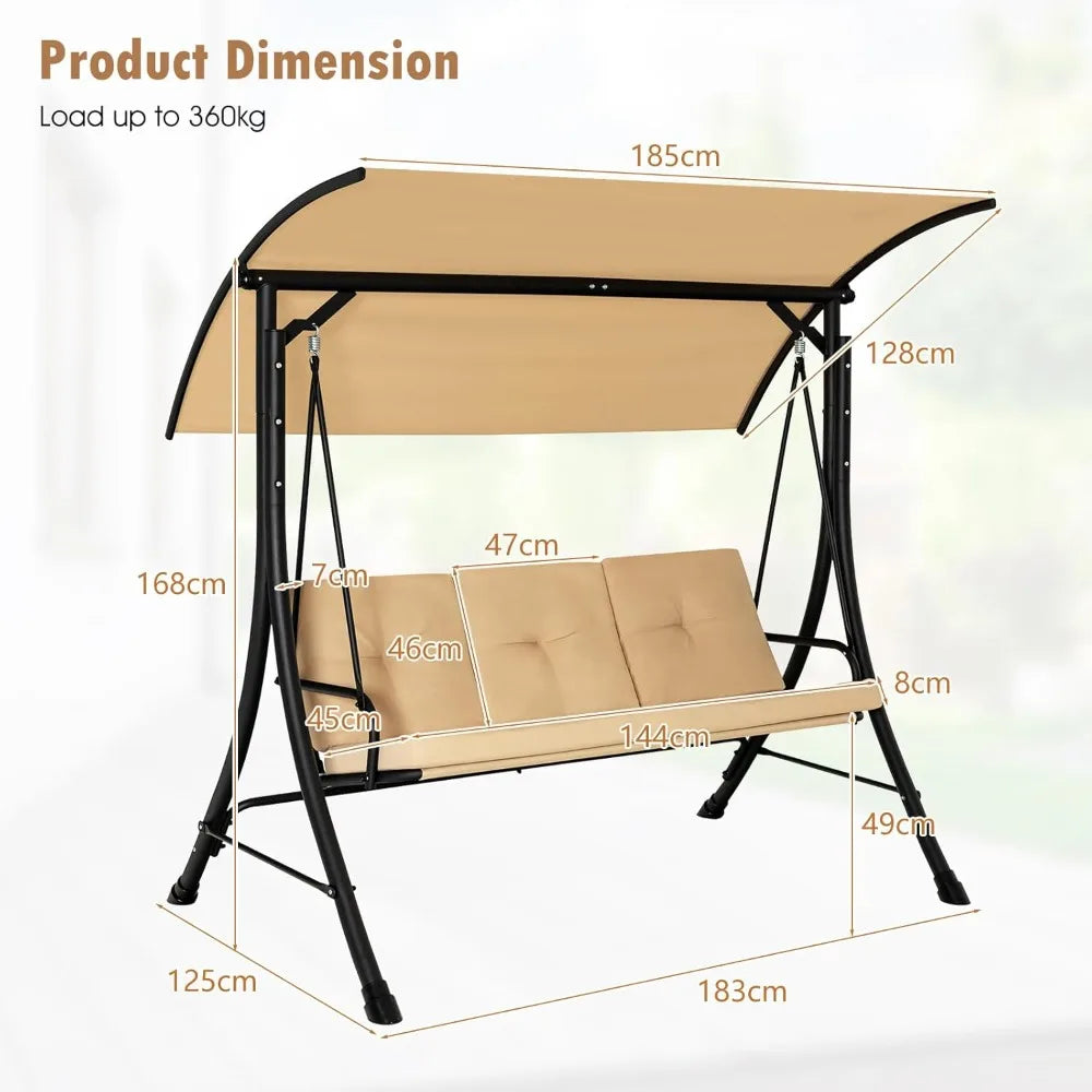 Garden Swing Chair, Outdoor Hammock with Adjustable Canopy and Soft Cushions, Steel Frame Porch Seat Lounger, Patio Swing Bench