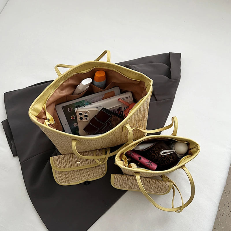 Color Contrast Straw Woven Shoulder Bag with Matching Wallet,Women Beach Travel Vacation Tote Bag,Large Capacity Shopping Basket