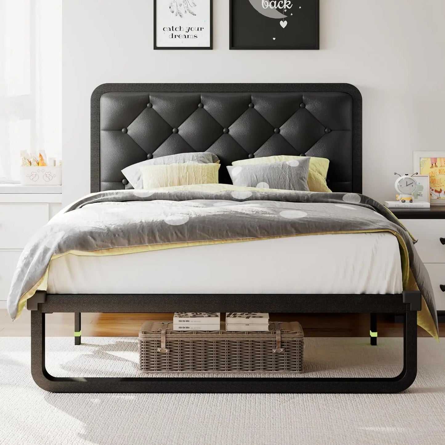 Bed Frame, Curved Metal Platform Bed Frame with Linen Upholstered Headboard, 12 Inch Under-Bed Space, No Box Spring Needed