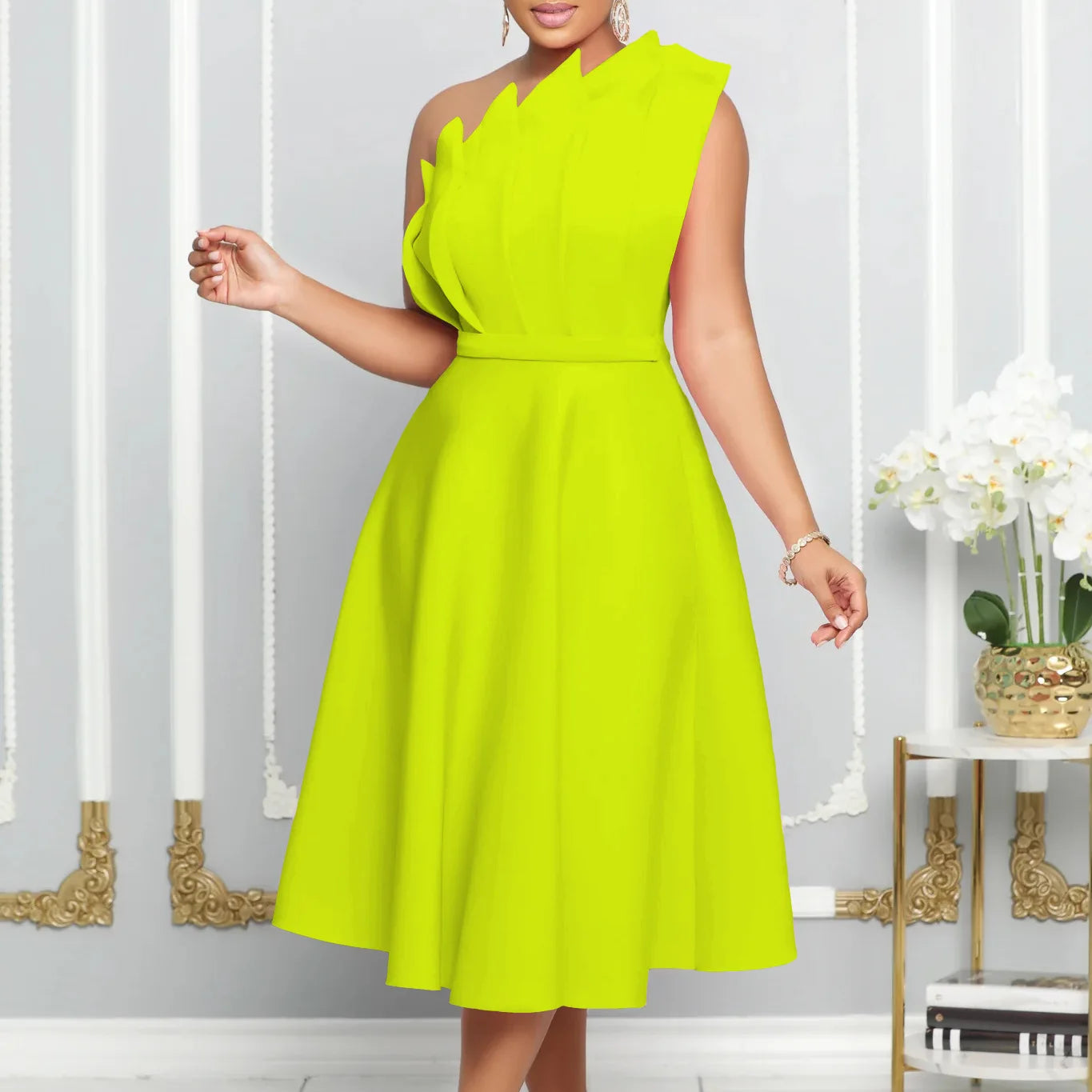 2025 New Arrival Hot Sale Elegant Women Dress Plus Size Ruffle Patchwork One Shoulder sleeveless  Outfits Evening Party Dress