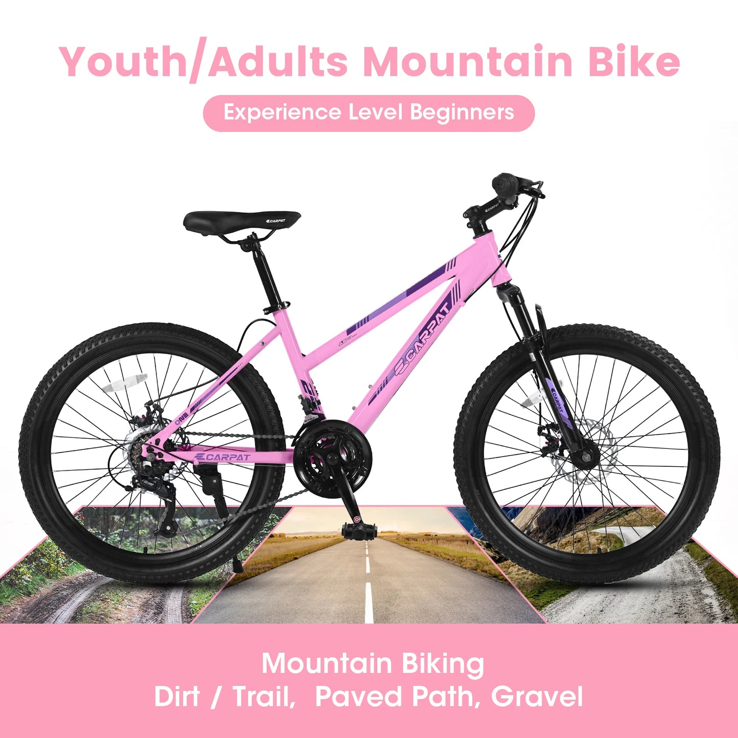 24/26 inch Mountain Bike Girls Women, 21 Speeds Mountain Bicycle with Steel Frame, Dual Disc Brakes and 100mm Front Suspension