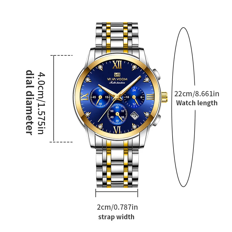 VA VA VOOM Men Multifunctional Watch Fashionable Stainless Steel Strap Blue Gold Gorgeous Rhinestone Clock Casual Sports Watches