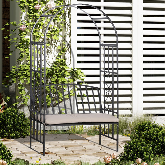 Outsunny Garden Arbor Arch Metal Bench Padded Seat Outdoor Decoration Patio