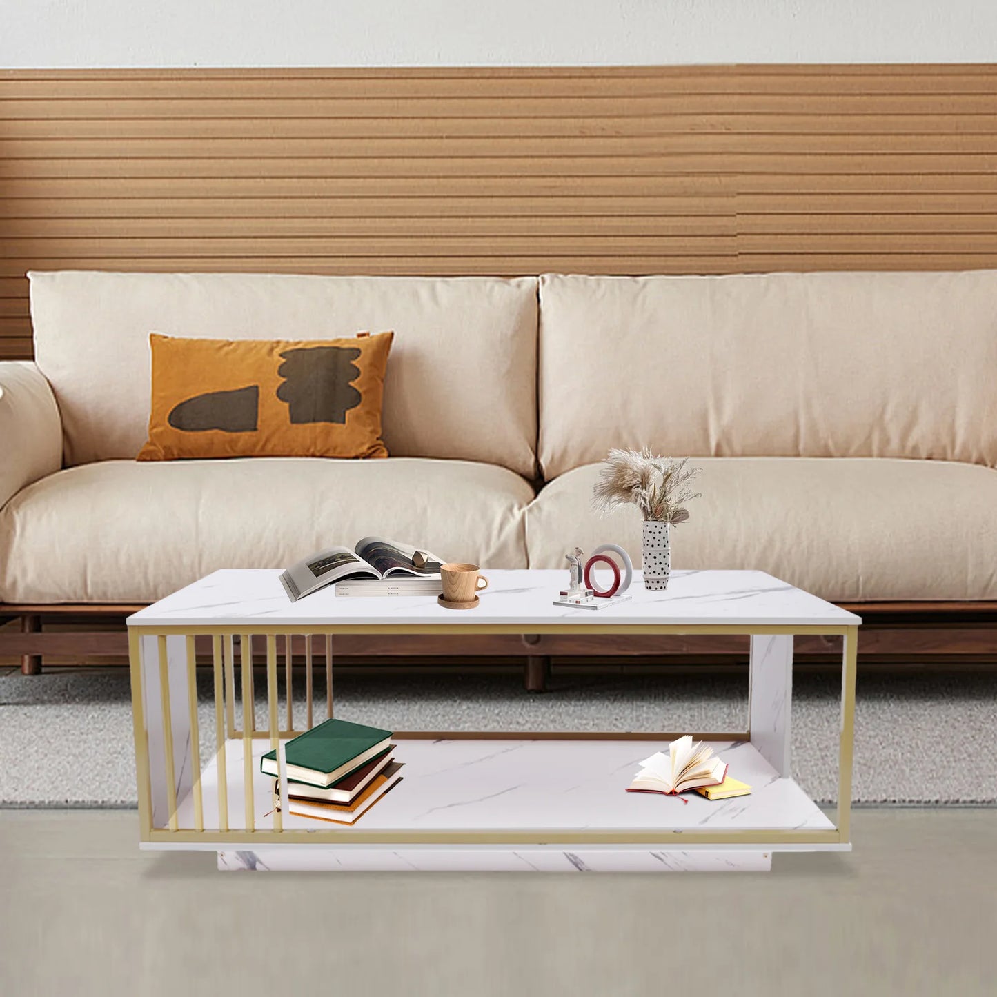Modern Two-Tier Coffee Table with Marble Pattern, Gold & White Rectangular Living Room Tablem, 25kg Load Capacity, Easy Assembly