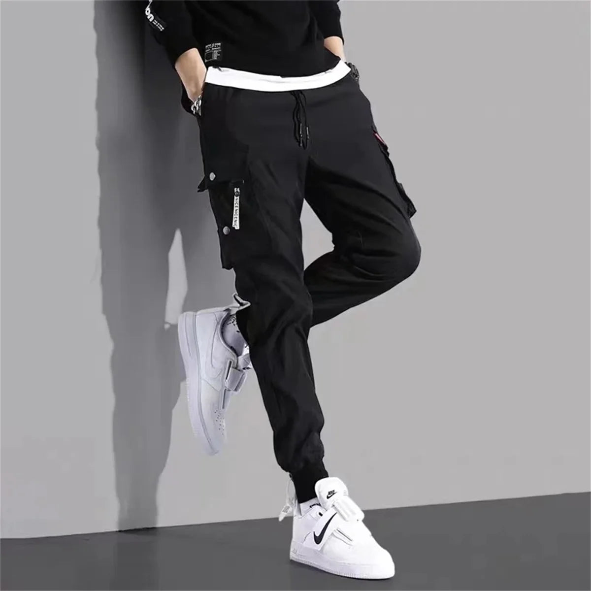 Men's Cargo Pants Casual Hip Hop Hit Color Multiple Pockets Trousers Streetwear Ribbons Techwear Sweatpants Boys