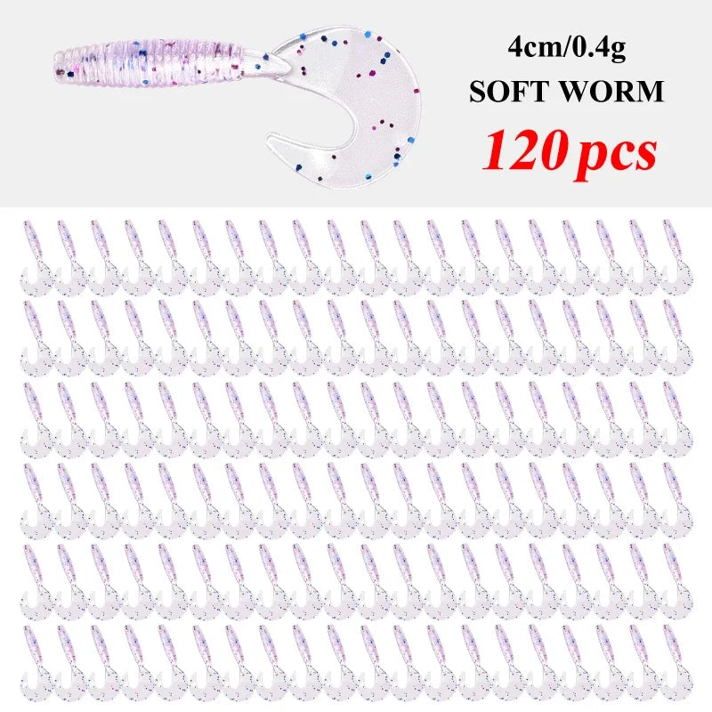 120Pcs New Soft Bait 4cm0.4g Fishing Lures Plastic Silicone Worm Moggot Grub Lure Saltwater Wobblers Carp Swimbait for Pike Tool