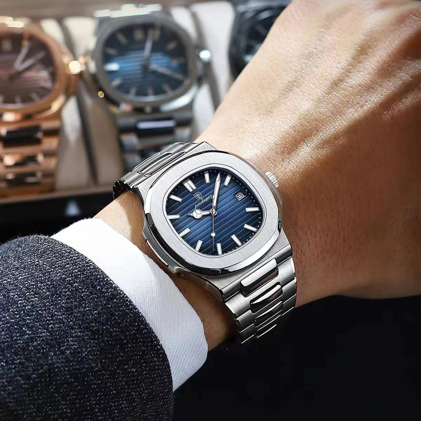 POEDAGAR Luxury Casual Watch Top Brand Fashion Square Dial Stainless Steel Calendar Luminous Waterproof Men Watch Male Clock+Box
