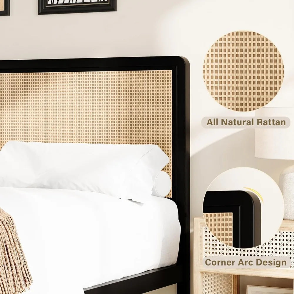 Rattan  Frame Full, Boho Frame with Headboard, Metal Platform Bed Frame, Rattan Beds Frames with Steel Slats Support