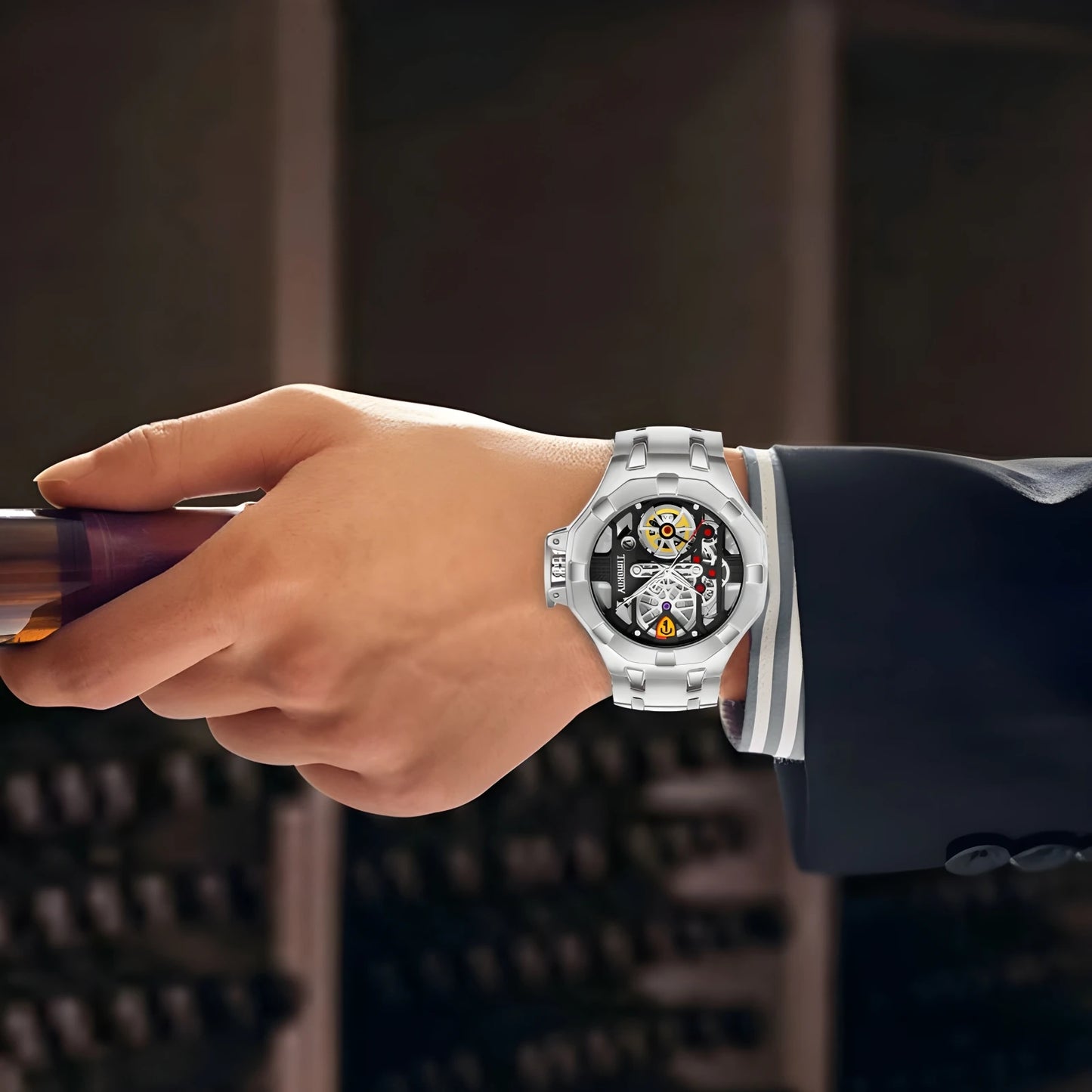 1pc skeleton design quartz men's watch with inner wheel design, technology, Christmas gift, New Year's gift。 watches for men