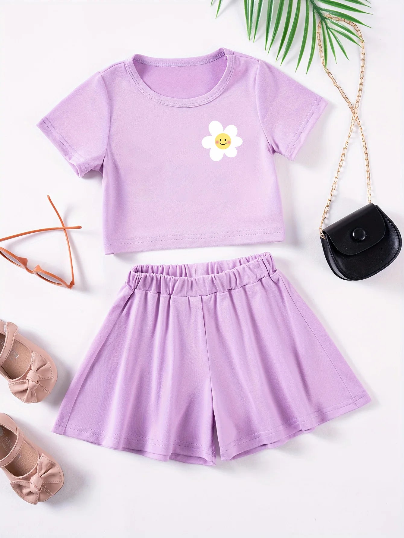 2025 Baby Girl 2pcs Kids Summer Casual Cute Flower Printed Short Sleeve Shorts Set Sweet Solid Color Versatile