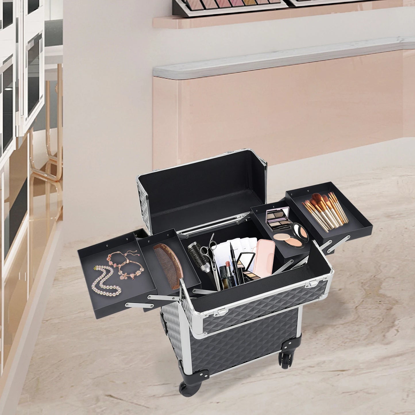 Professional Rolling Makeup Case - Black, Multi-Functional with High Load Capacity