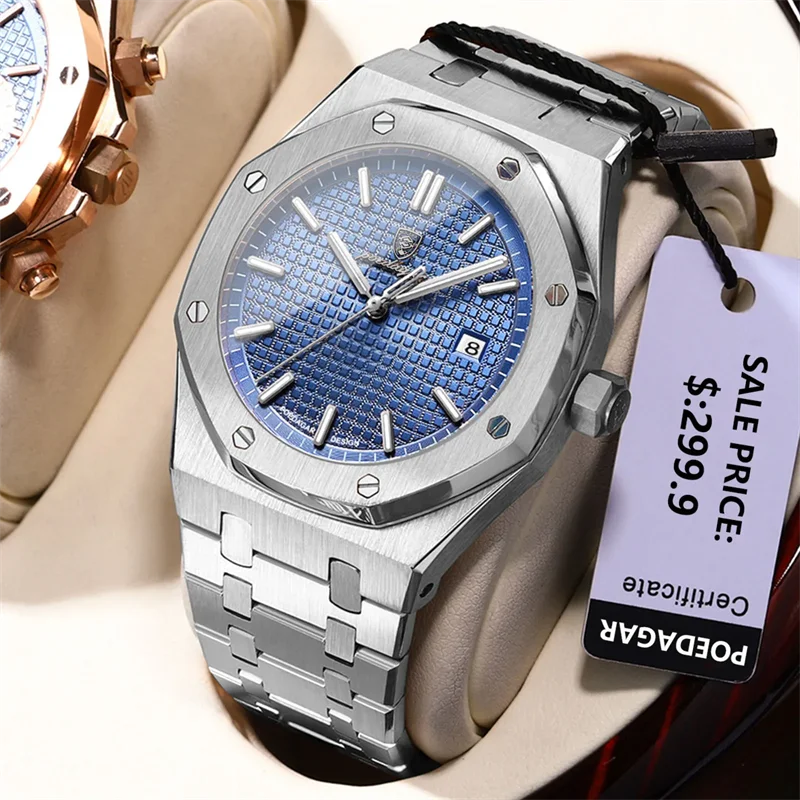 POEDAGAR Luxury Square Man Quartz Watch Waterproof Luminous Date Men's Watch High Quality Stainless Steel Business Men Watches