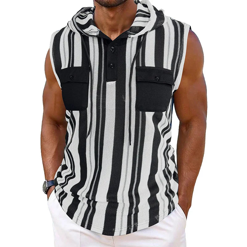 Men s Stylish Sleeveless Striped Tank Top with Hood and Drawstring Casual Button-Up Vest Featuring Pockets for Summer Wear