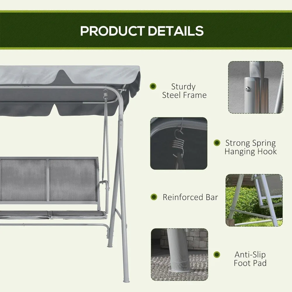 Garden Swing Chair, with Adjustable Tilting Canopy, Breathable Mesh Seat and Heavy Duty Metal Frame, Patio Swing Bench