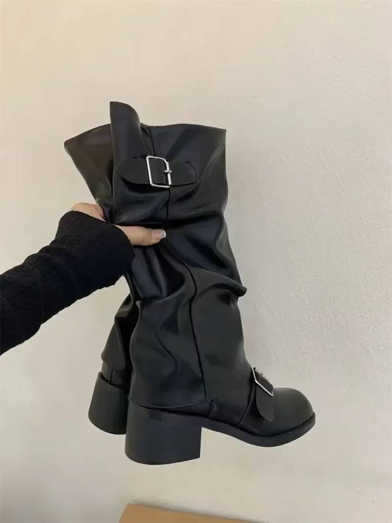 Woman Boots Knee High Platform Chunky Heels Trend Punk Gothic New Rock Leather Fashion Women's Shoes Motorcycle Footwear