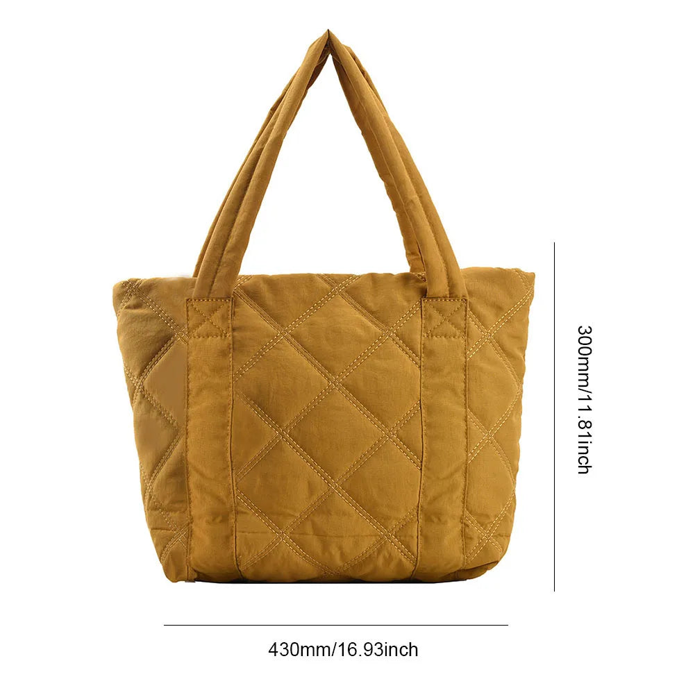 Ladies Diamond Lattice Bag Large Capacity Padding Top Handle Bag Solid Color Quilted Padded Bag Stylish Shopping Bag