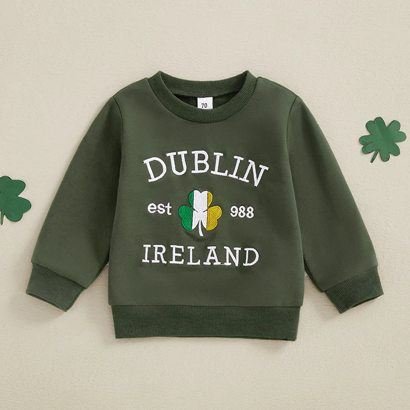 Children s Hooded Sweatshirt Embroidered Shamrock Long Sleeve Pullover with Crew Neck for Boys and Girls Casual Winter