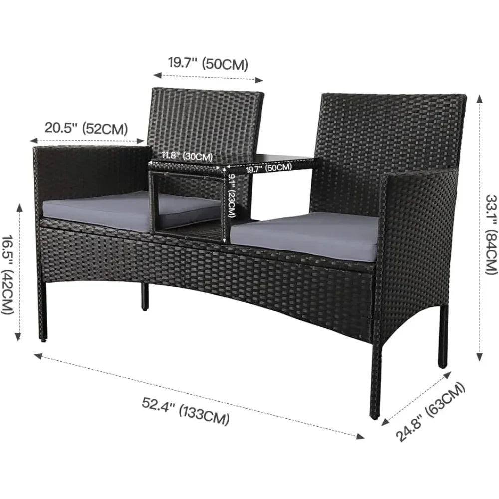 2 Seater Bench with Grey Cushions, Built-In Centre Glass Table Wicker Garden Furniture for Outdoor Balcony Poolside Bistro
