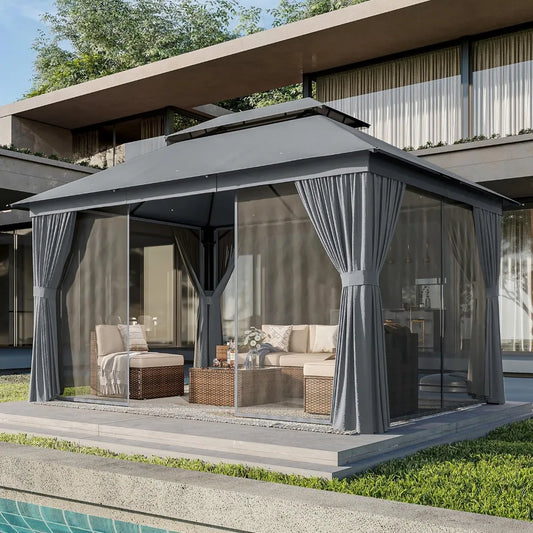 AOXUN Outdoor Gazebo for Patio 10x12, Metal Frame Canopy with Double Roofs, Heavy Duty Party Tent and Shelter with Mosquito Nett