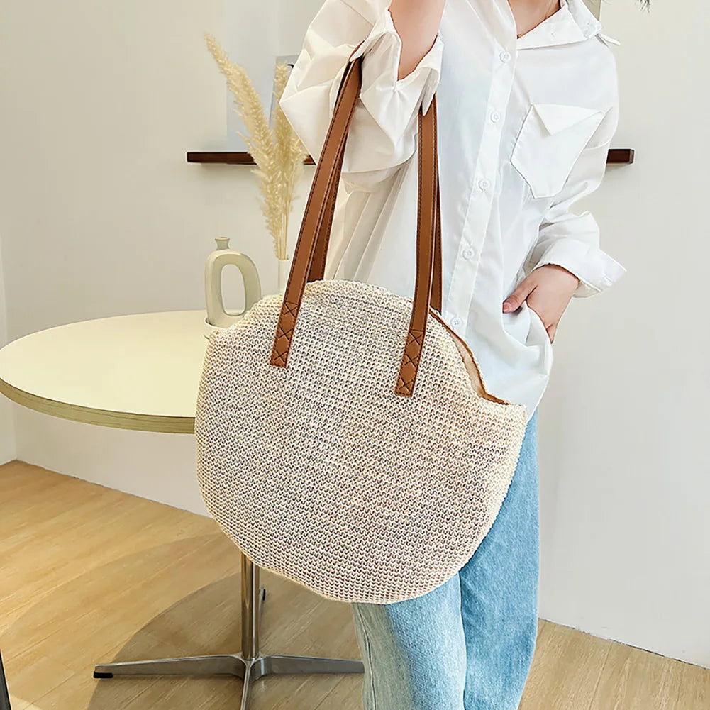 Straw Beach Women Handbag Handmade Woven Boho Vintage Summer Shoulder Top-Handle Bag Large Capacity Lady Vacation Casual Tote