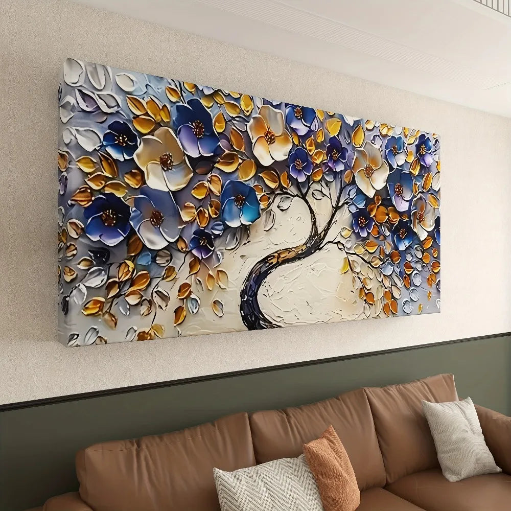 Large abstract Floral tree canvas art - Boho style, blue textured mural, 1.5-inch chunky wood frame for home decor lovers