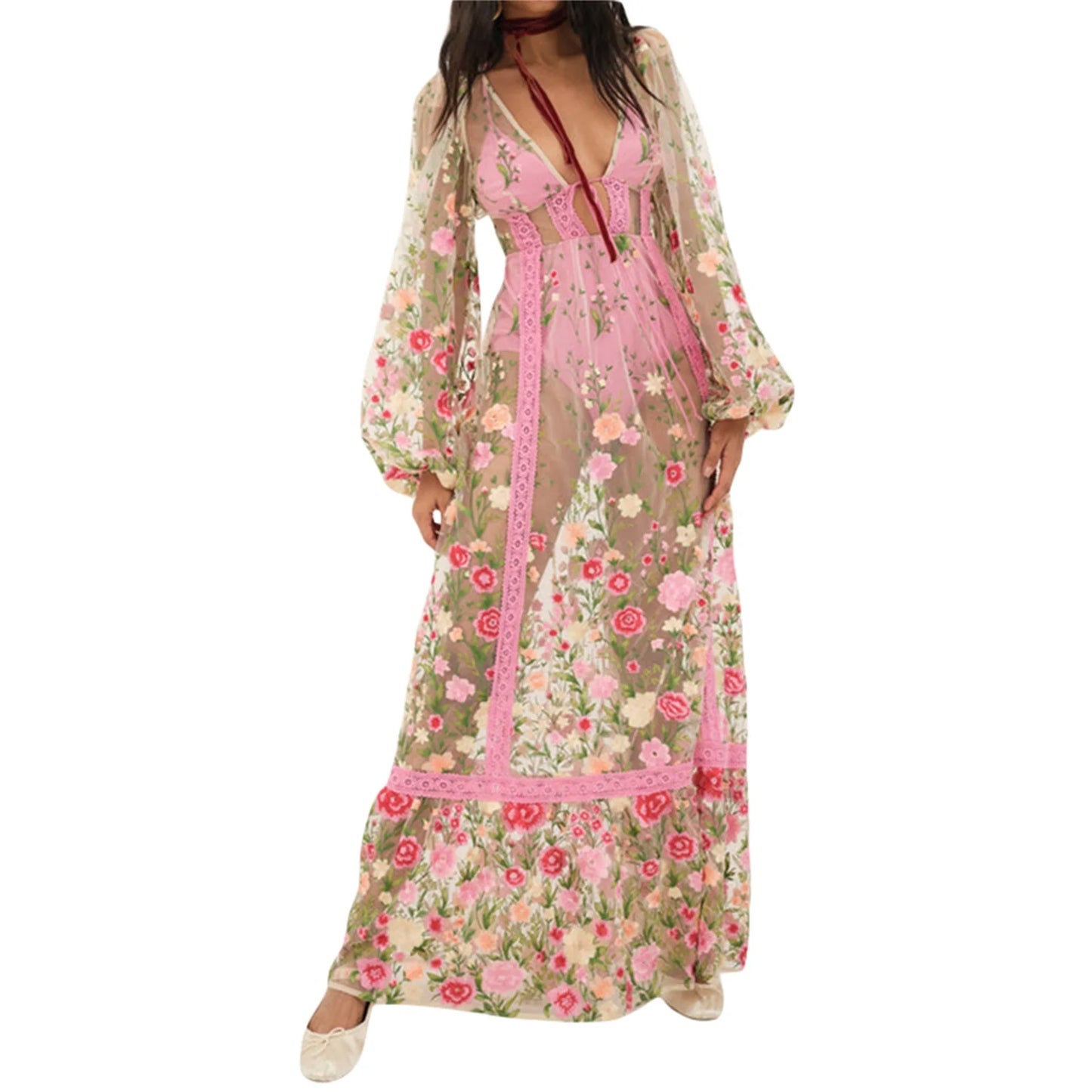 Women s Summer Long Beach Dress Long Sleeve V Neck Backless Floral Bikini Cover Up