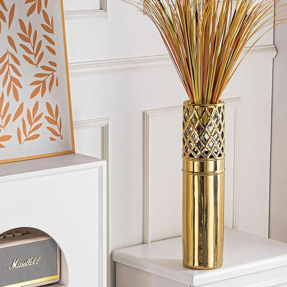 Modern Gold Ceramic Floor Vase 19.6 Inch Openwork Design Tall Decorative Vase Living Room Home Decor Gift