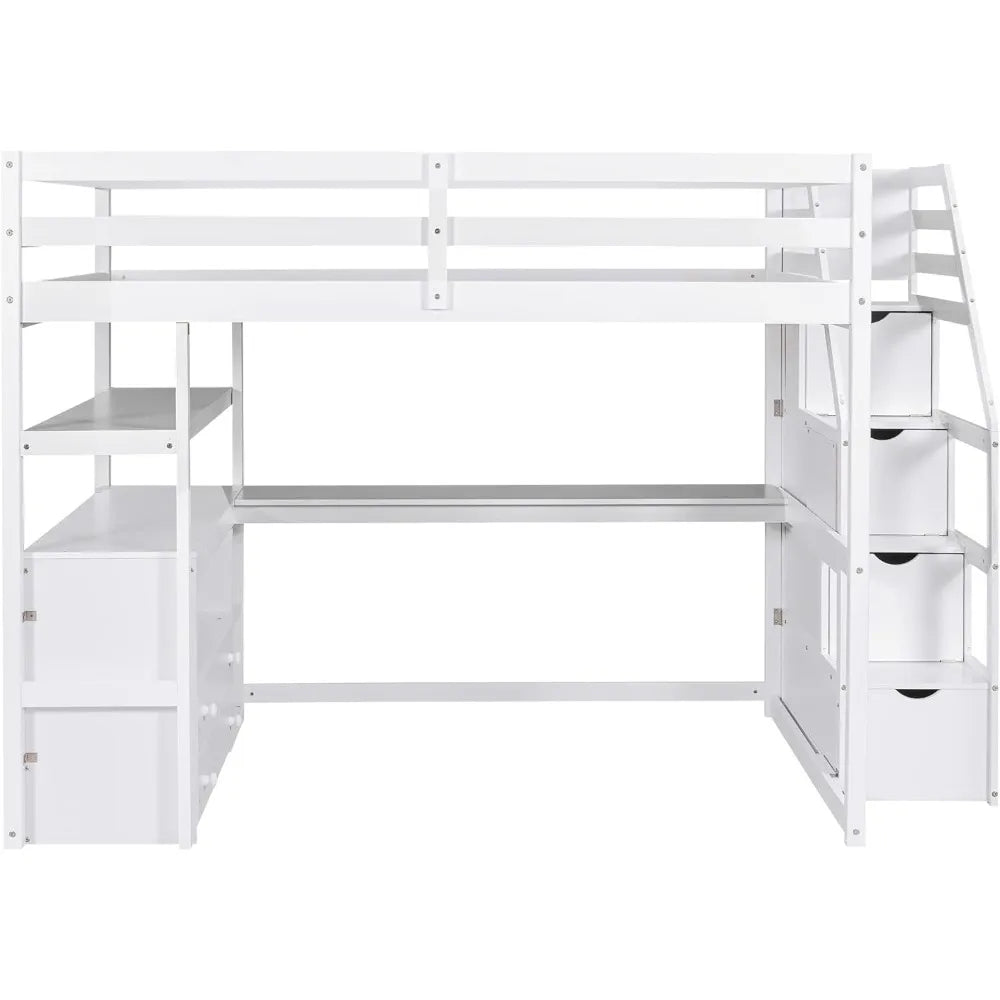 Harper & Bright Designs Full Size Loft Bed Frame with Stairs and Desk, Solid Wood Loft Bed with Storage Drawers and Bookshelf fo