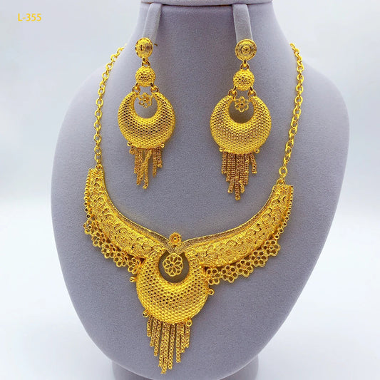 Dubai Jewelry Set For Women 24K Gold Color African Necklace Earrings Indian Nigeria Bridal Wedding Party Jewellery Gifts