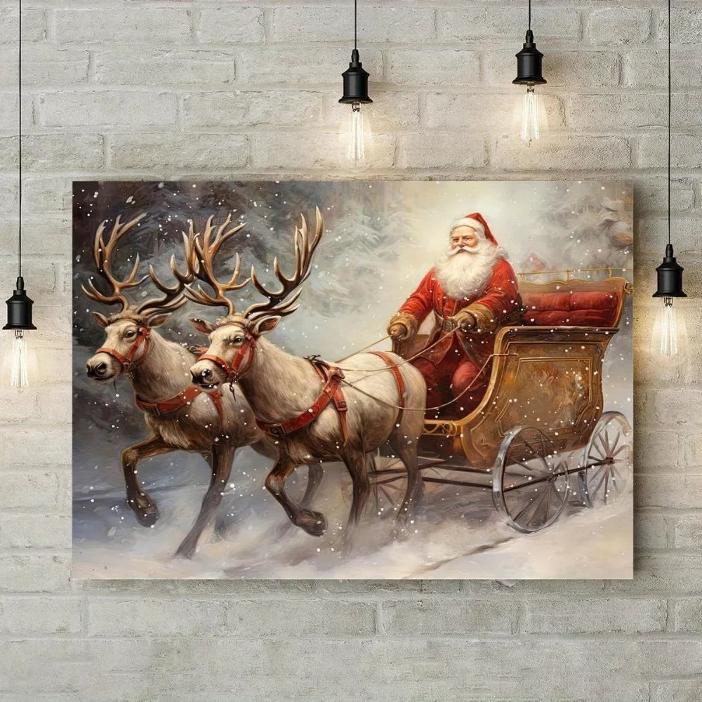 Unique Santa & Reindeer Frameless Canvas Art Print, Waterproof Classic Modern Ink Painting for Indoor Outdoor Home Office