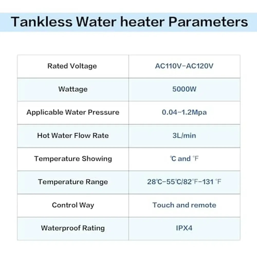 Electric Tankless Water Heater 5000W 110V 120V Remote Control Instant Thermostatic Hot Water Heater Kitchen RVs Compact Spaces