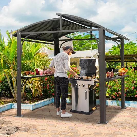 Domi Hardtop Grill Gazebo 8x5FT, Grill Canopy for Outdoor Grill w/Double Galvanized Steel Roof and 2 Side Shelves, BBQ Gazebo Gr