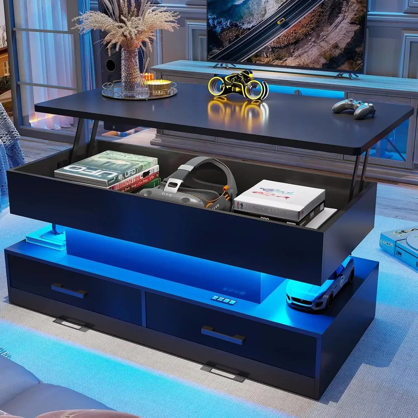 40" Lift Top Coffee Table, Coffee Tables with Storage for Living Room, Small Coffee Table with 2 Fabric Drawers & LED Lig