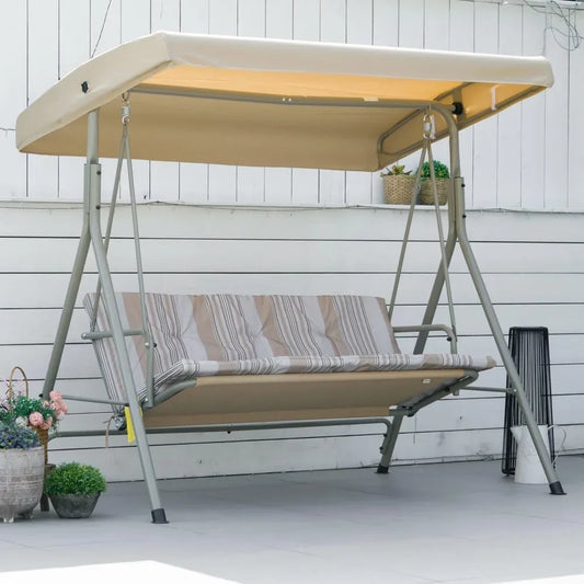 3 Seater Garden Swing Chair, with Tilting Canopy, Removable Cushion, Light Brown Top, Patio Swing Bench