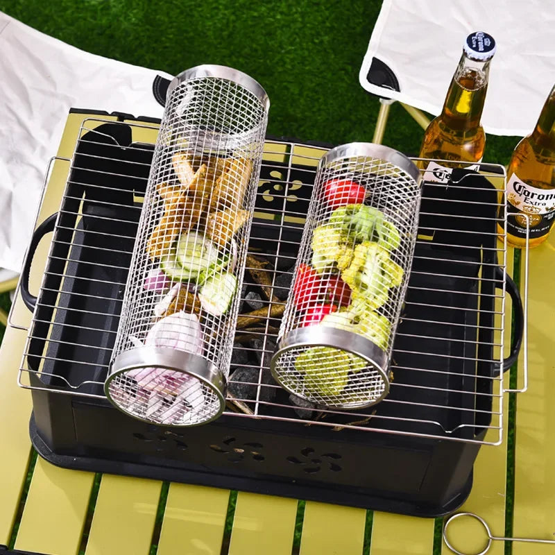 Barbecue Basket Grill Tools Bar Cookware Bbq Camping Barbecue Kitchen Utensils Rolling Stainless Steel Outdoor Wire Mesh Round