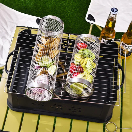 Barbecue Basket Grill Tools Bar Cookware Bbq Camping Barbecue Kitchen Utensils Rolling Stainless Steel Outdoor Wire Mesh Round