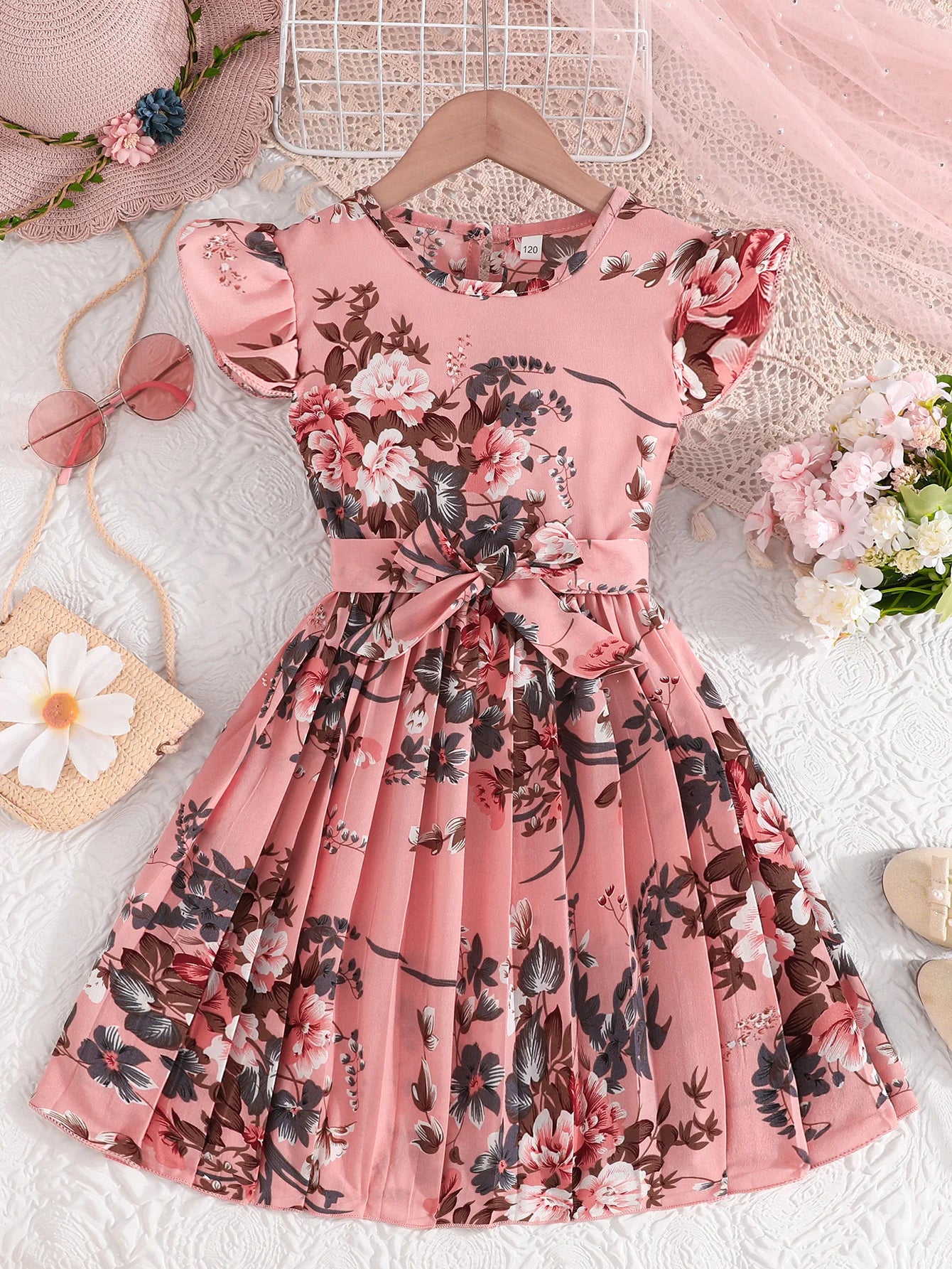 Dress For Kids 5-14 Years old Birthday Cute Floral Ruffled Sleeve Pleated Skirt Princess Dresses Ootd For Baby Girl