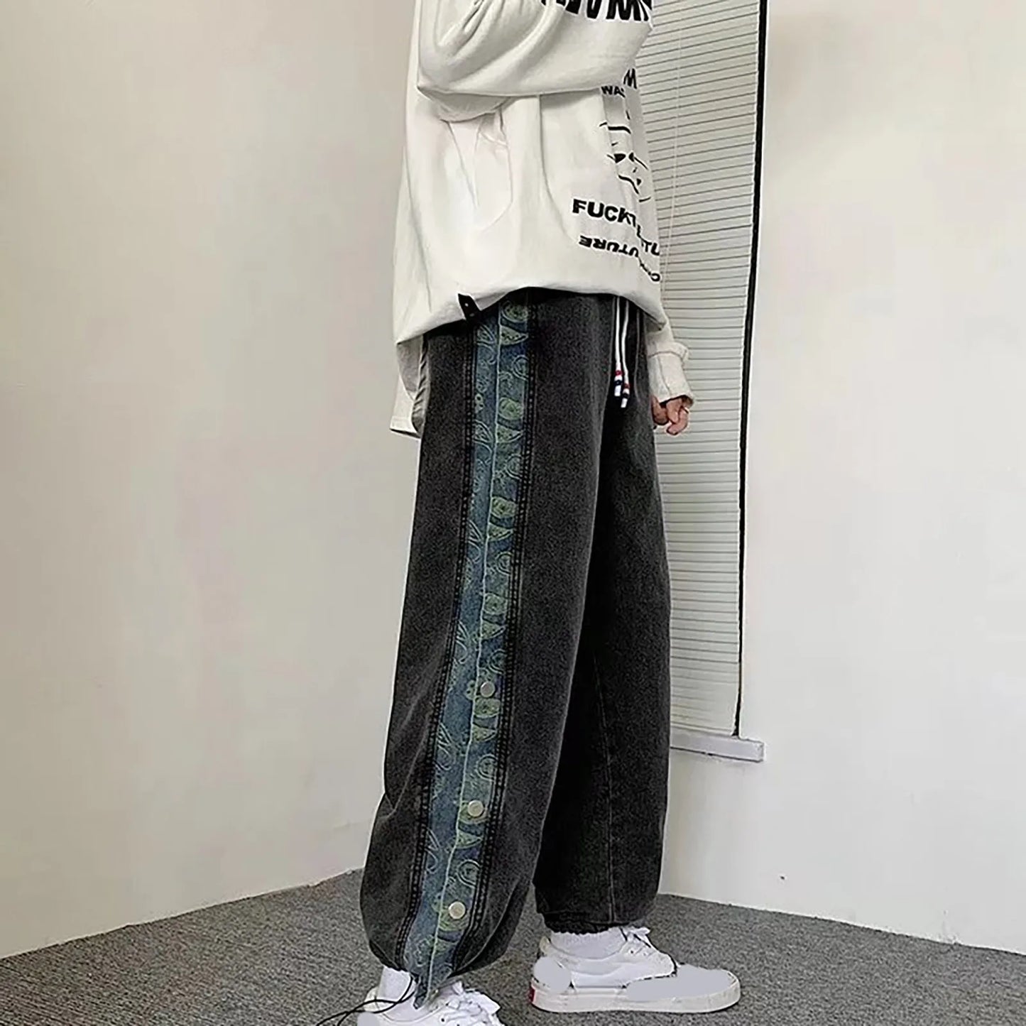 Men's Casual Jeans American Grunge High Street Pants Men Jeans Lace Up Waisted Solid Denim Trousers Wide Leg Straight Leg Pants