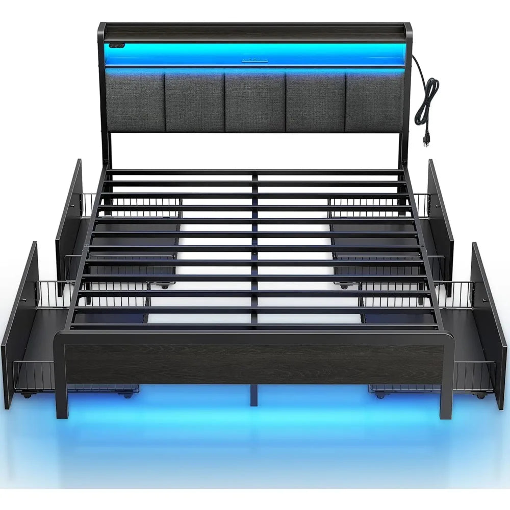 Bed Frame with Charging Station and LED Lights, Upholstered Storage Headboard with Drawers, Heavy Duty Metal Slats