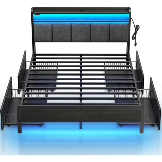 Bed Frame with Charging Station and LED Lights, Upholstered Storage Headboard with Drawers, Heavy Duty Metal Slats