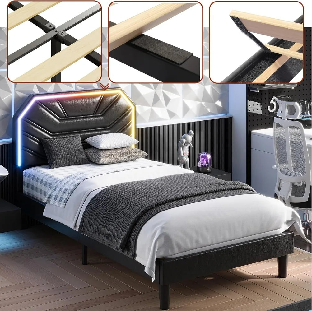 Bed Frames with Lighted Headboard,  Twin Platform Bed with Heavy Duty Supports, No Box Spring Need, Noise Free, Easy Assembly,
