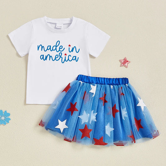 Independence Day Toddler Girl Outfits American Flag Print Round Neck Short Sleeve Tops Star Print Skirts 2Pcs Clothes Set
