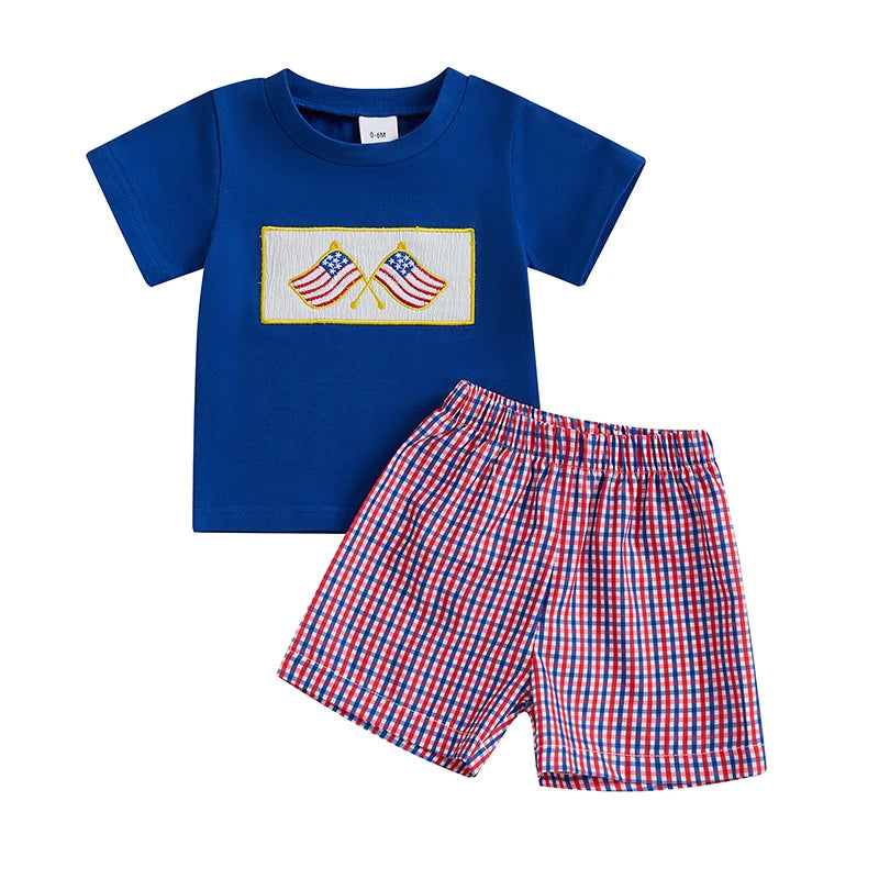 Boys Fourth of July Clothing Set with American Flag Embroidery Round Neck Tee and Elastic Waist Shorts for Independence Day