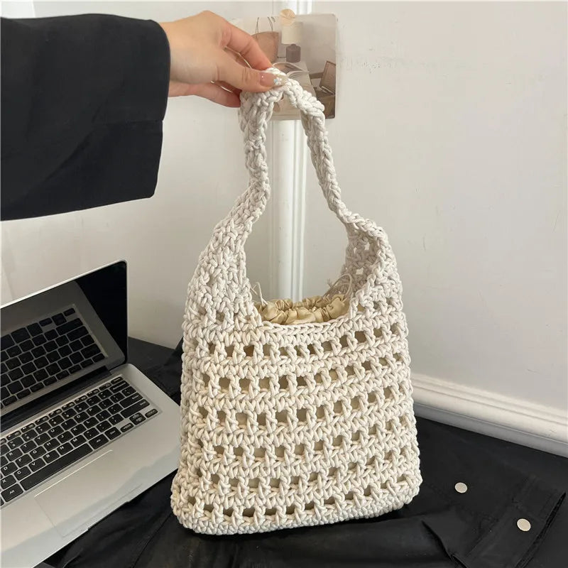 Women's Knitted Shoulder Bag Large Capacity Lightweight Braid Underarm Bags Summer Handmade Crochet Tote Bags Weaving Beach Bags