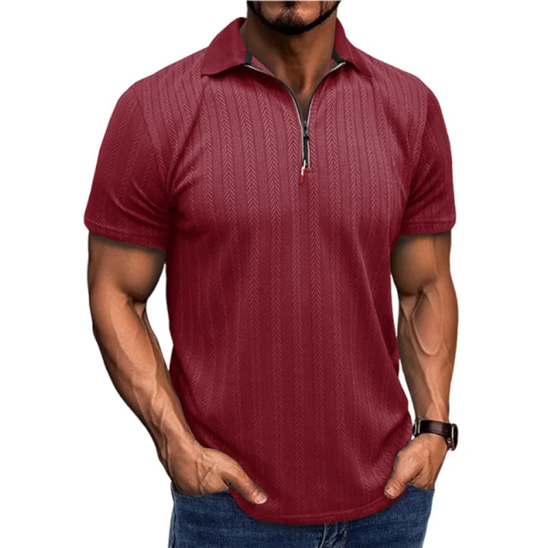 Men s Short Sleeve Jacquard Turn Down Collar Zipper Casual Tops - Stylish  Fit Shirts for Summer Fashion