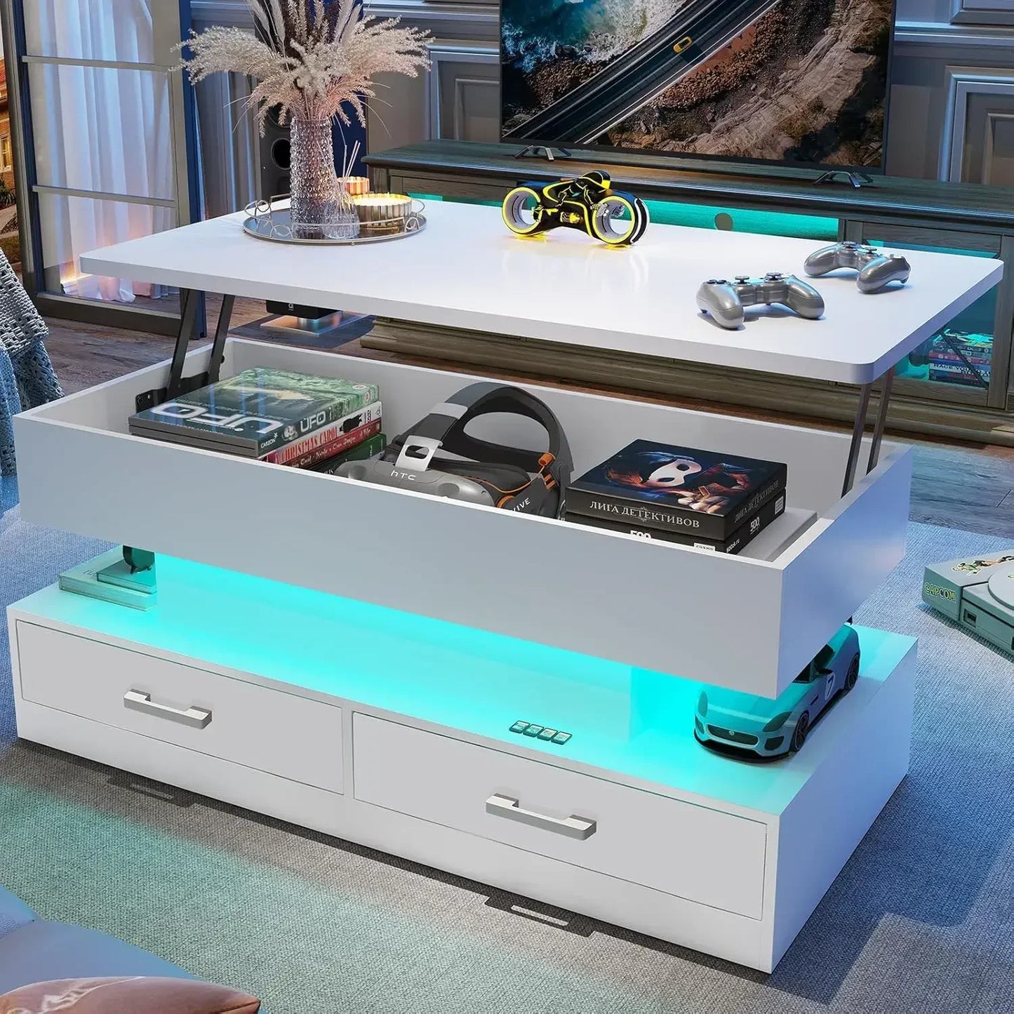 40" Lift Top Coffee Table, Coffee Tables with Storage for Living Room, Small Coffee Table with 2 Fabric Drawers & LED Lig